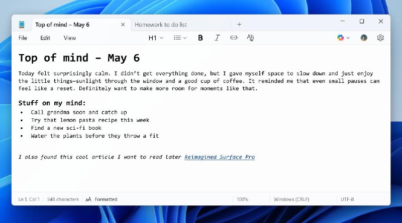 Microsoft 的记事本将支持Markdown等格式记事本将获得斜体和粗体样式，以及对超链接、列表和 Markdown 的支持